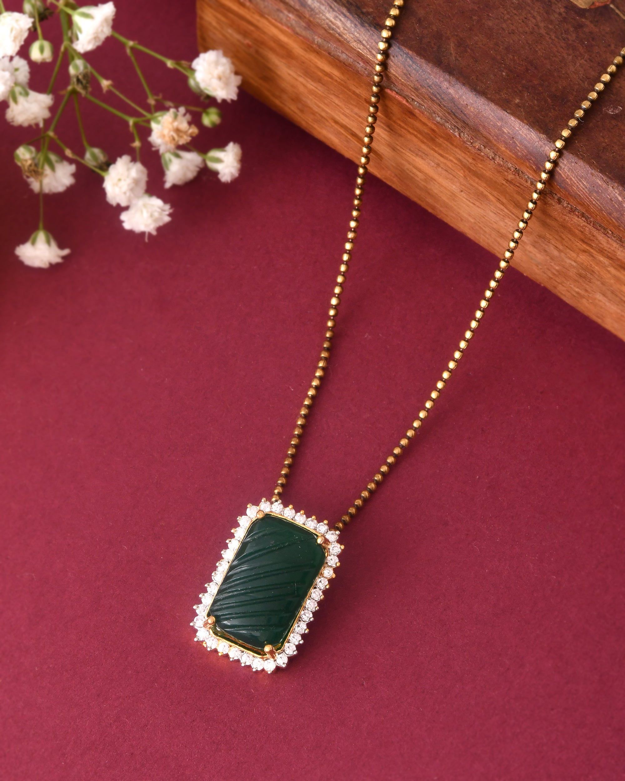 Deep Emerald Rectangle Necklace with Diamond Halo