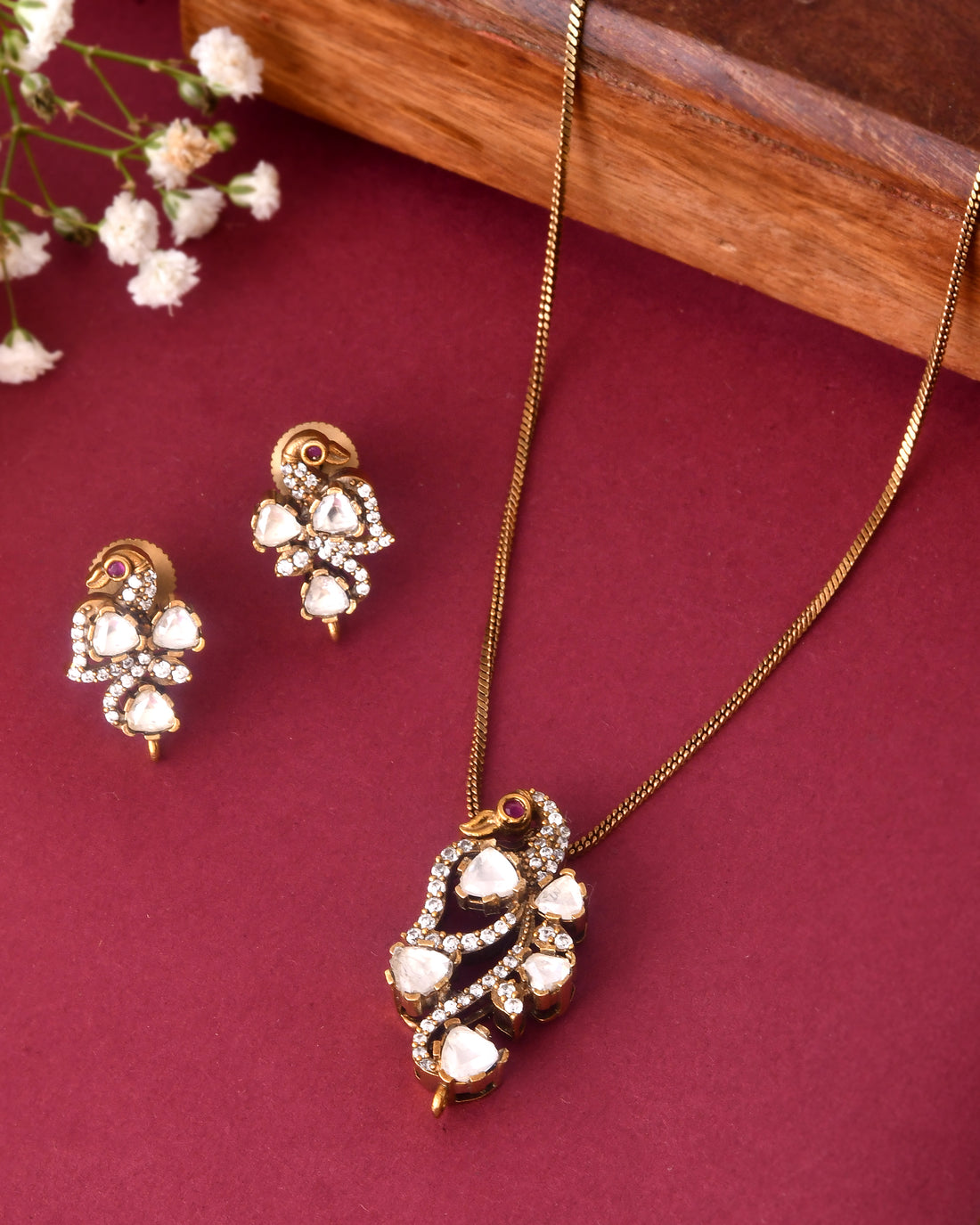 Antique Peacock Necklace Set with White Stones