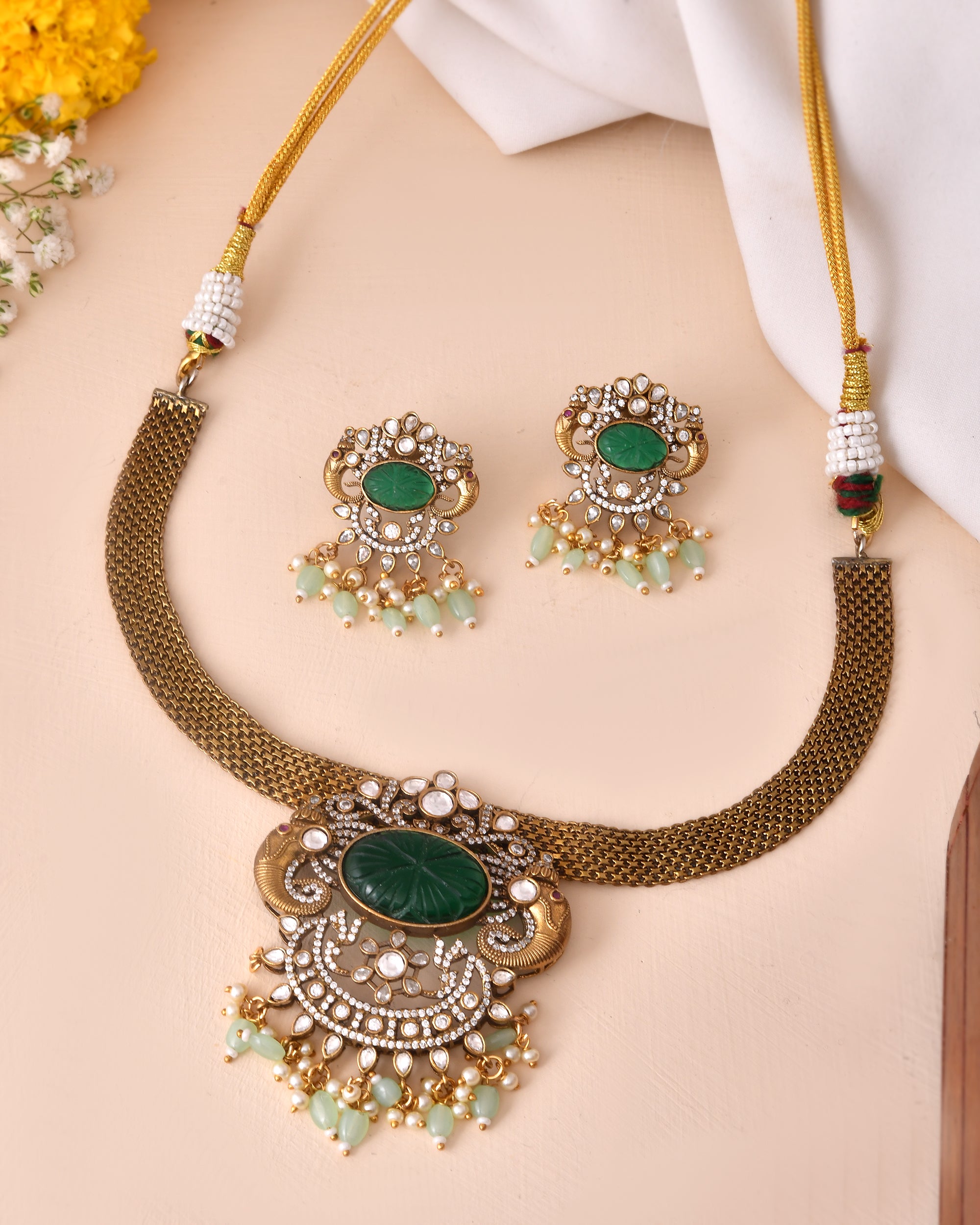 Emerald Carved Stone Necklace Set with Pearl Drops