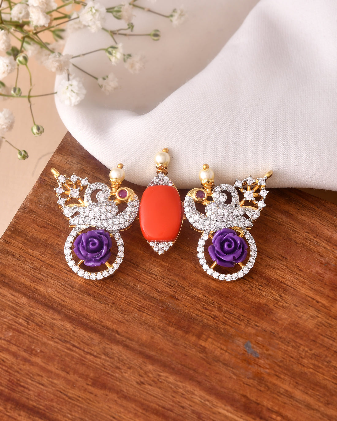 Twin Peacock Pendant Necklace with Enamel Roses