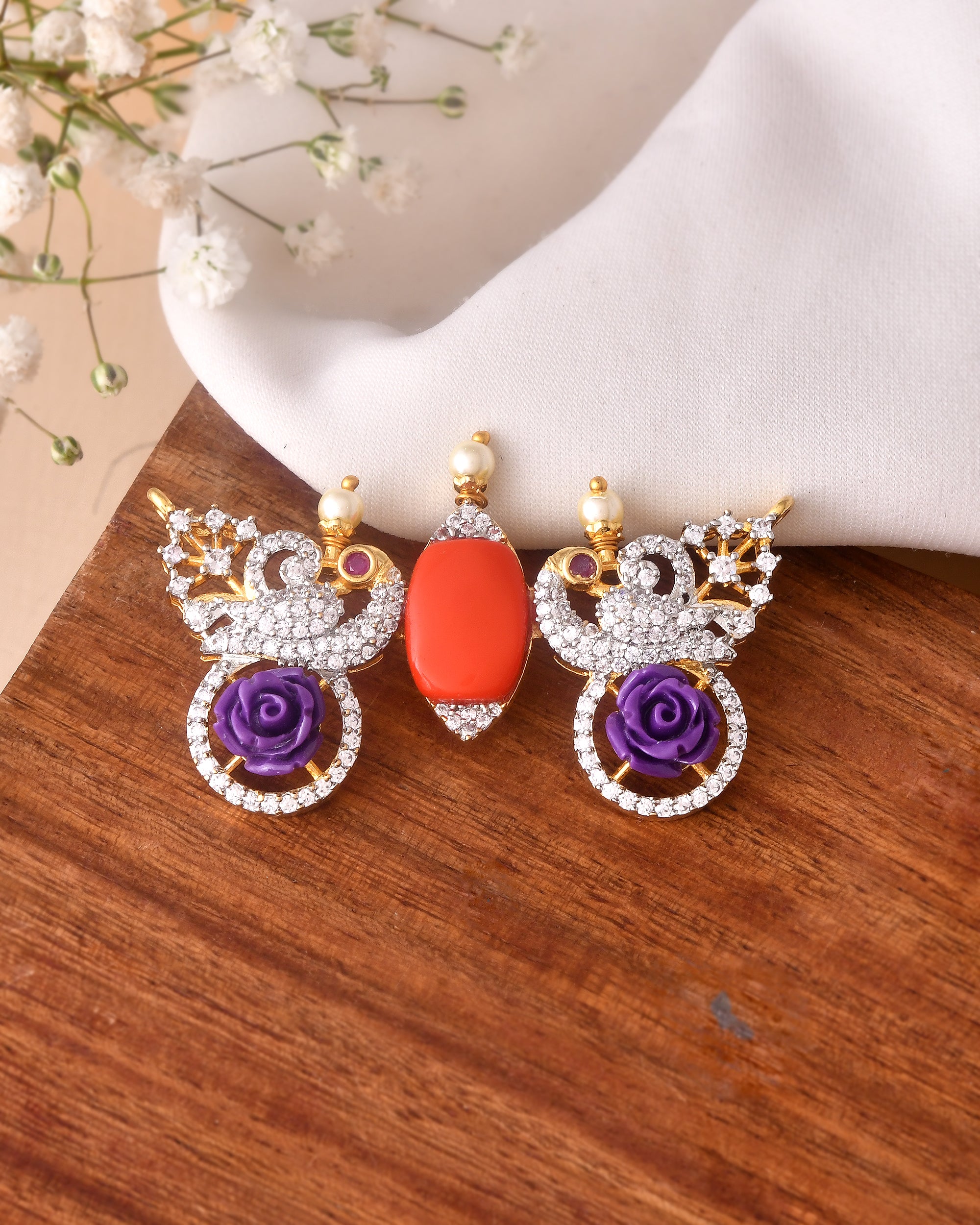 Twin Peacock Pendant Necklace with Enamel Roses