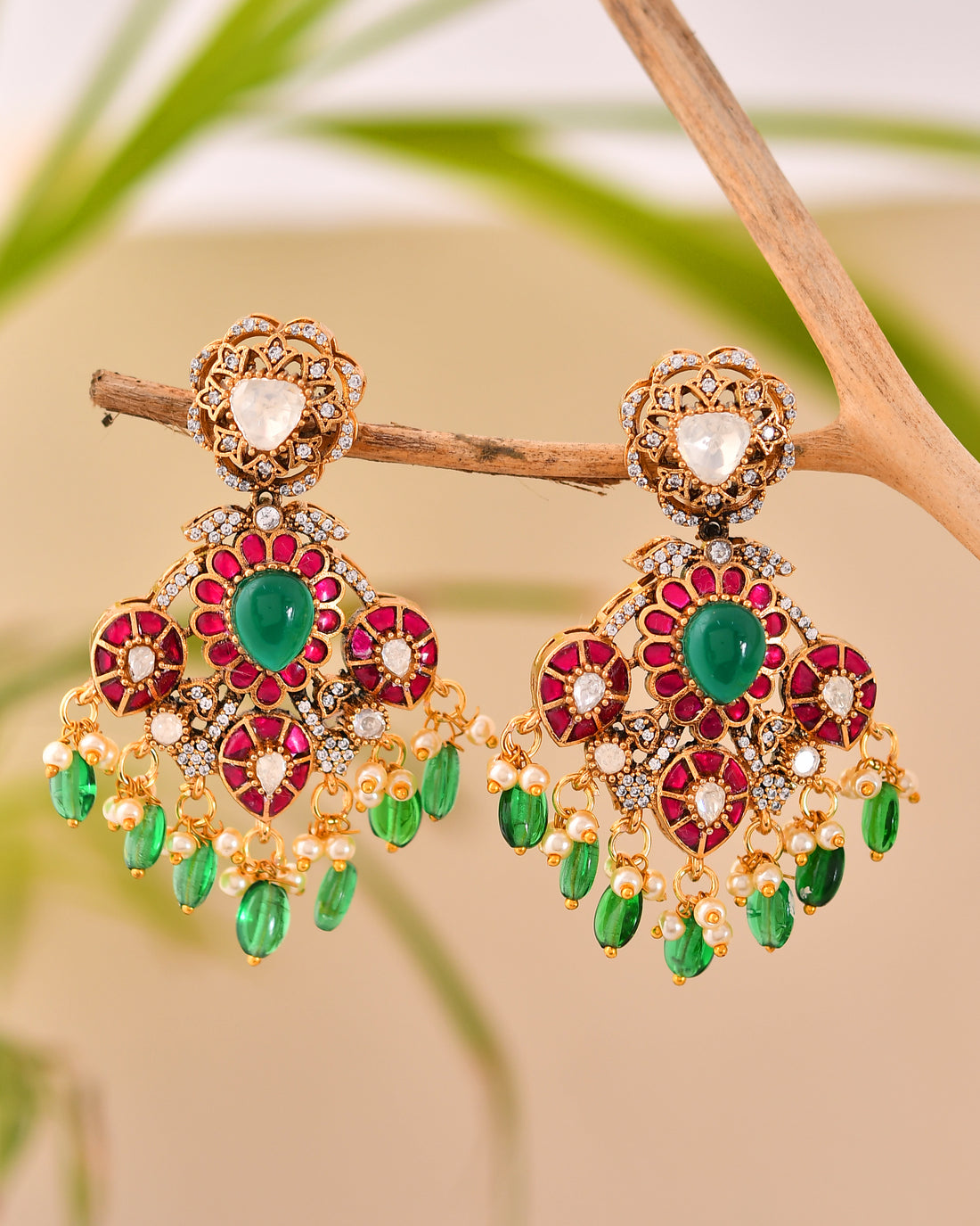Festive Floral Chandbalis with Green Drop Beads