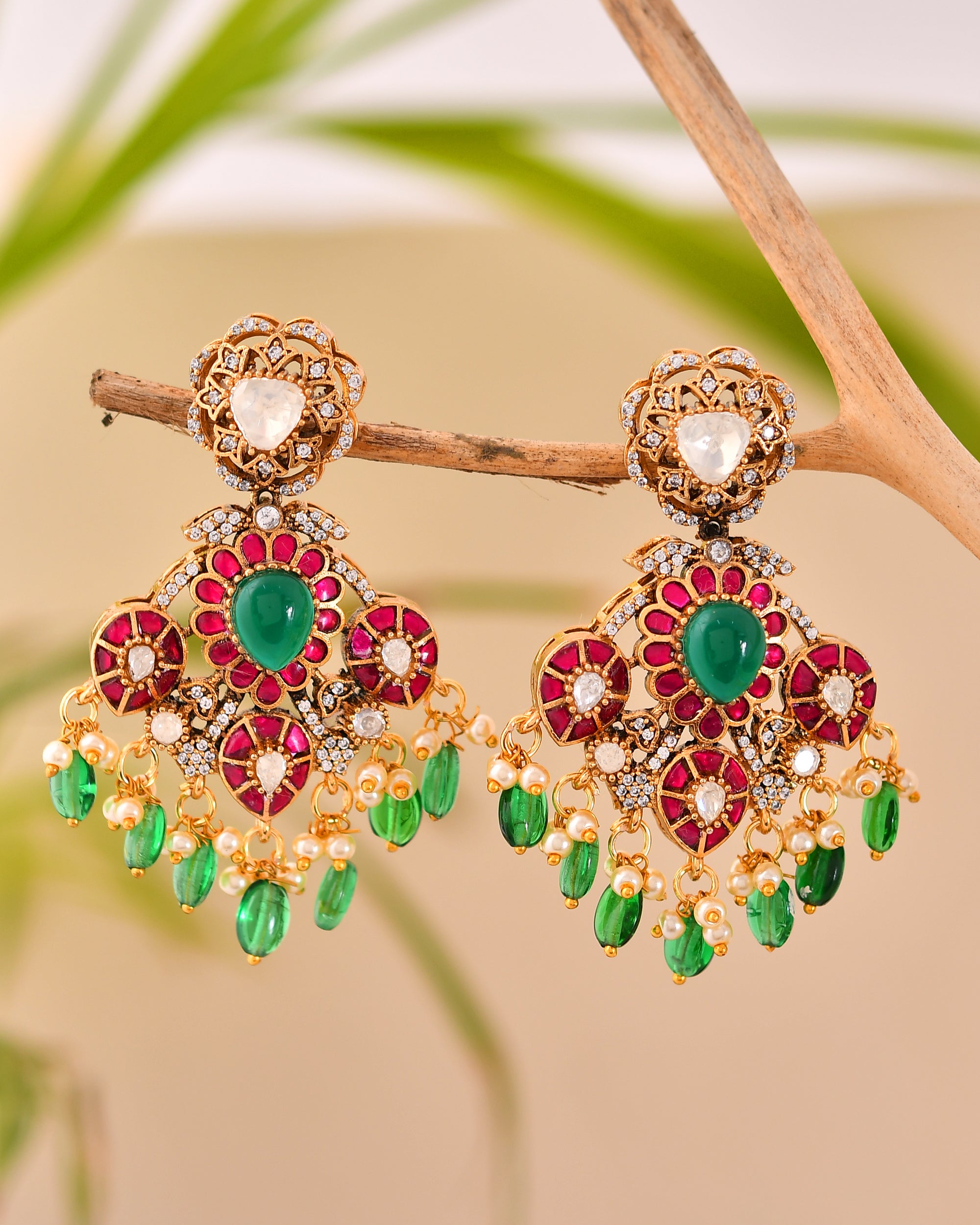 Festive Floral Chandbalis with Green Drop Beads