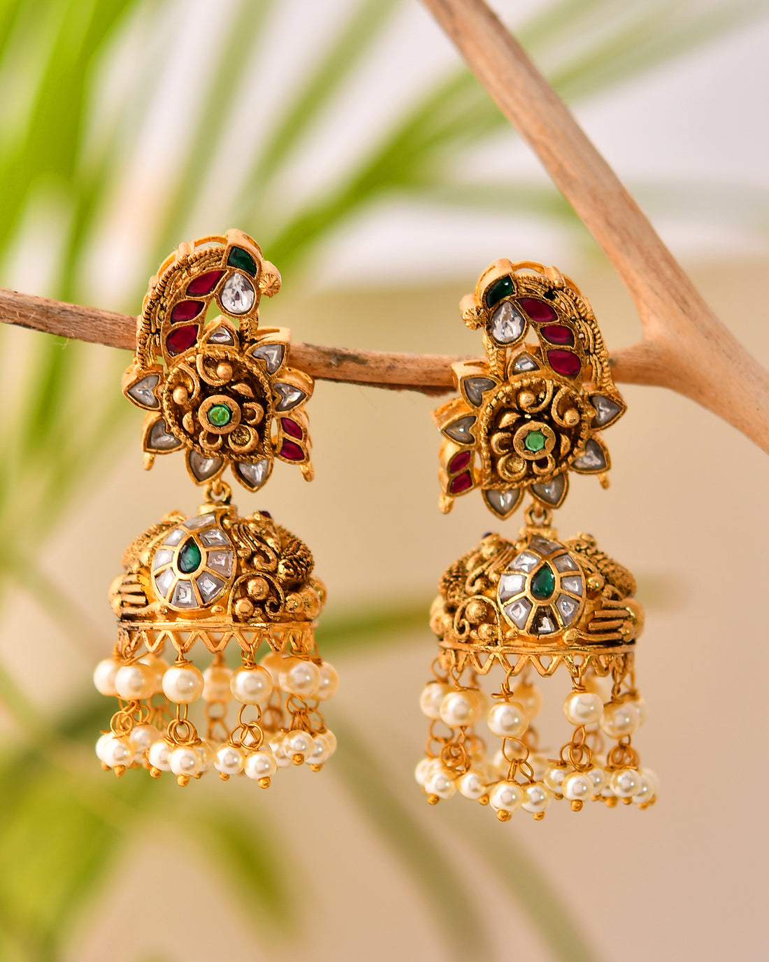 Antique Temple Jhumkas with Kundan and Pearls