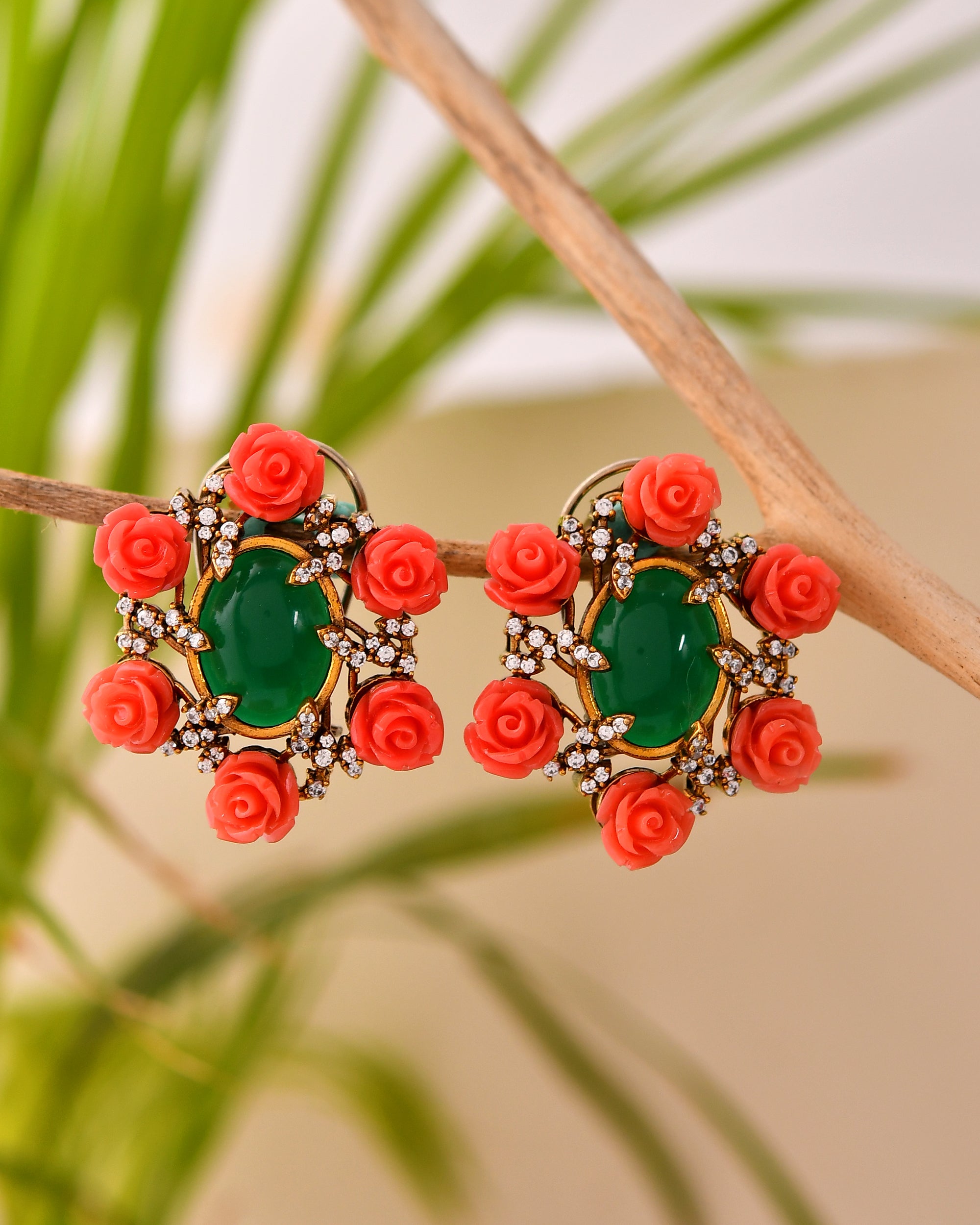 Green Stone Rose Studs with Crystal Accents