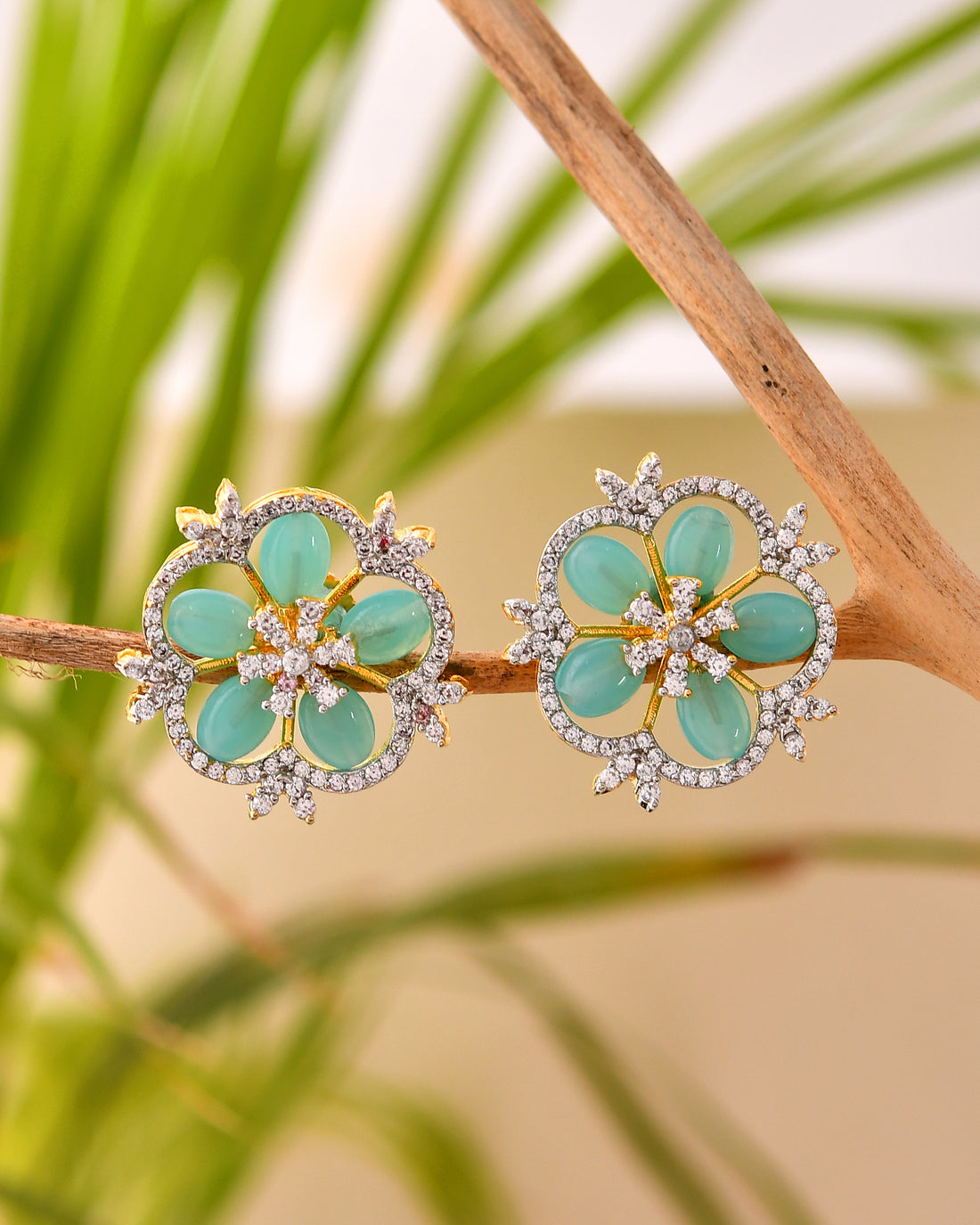 Mint Floral Stud Earrings with Crystal Halo