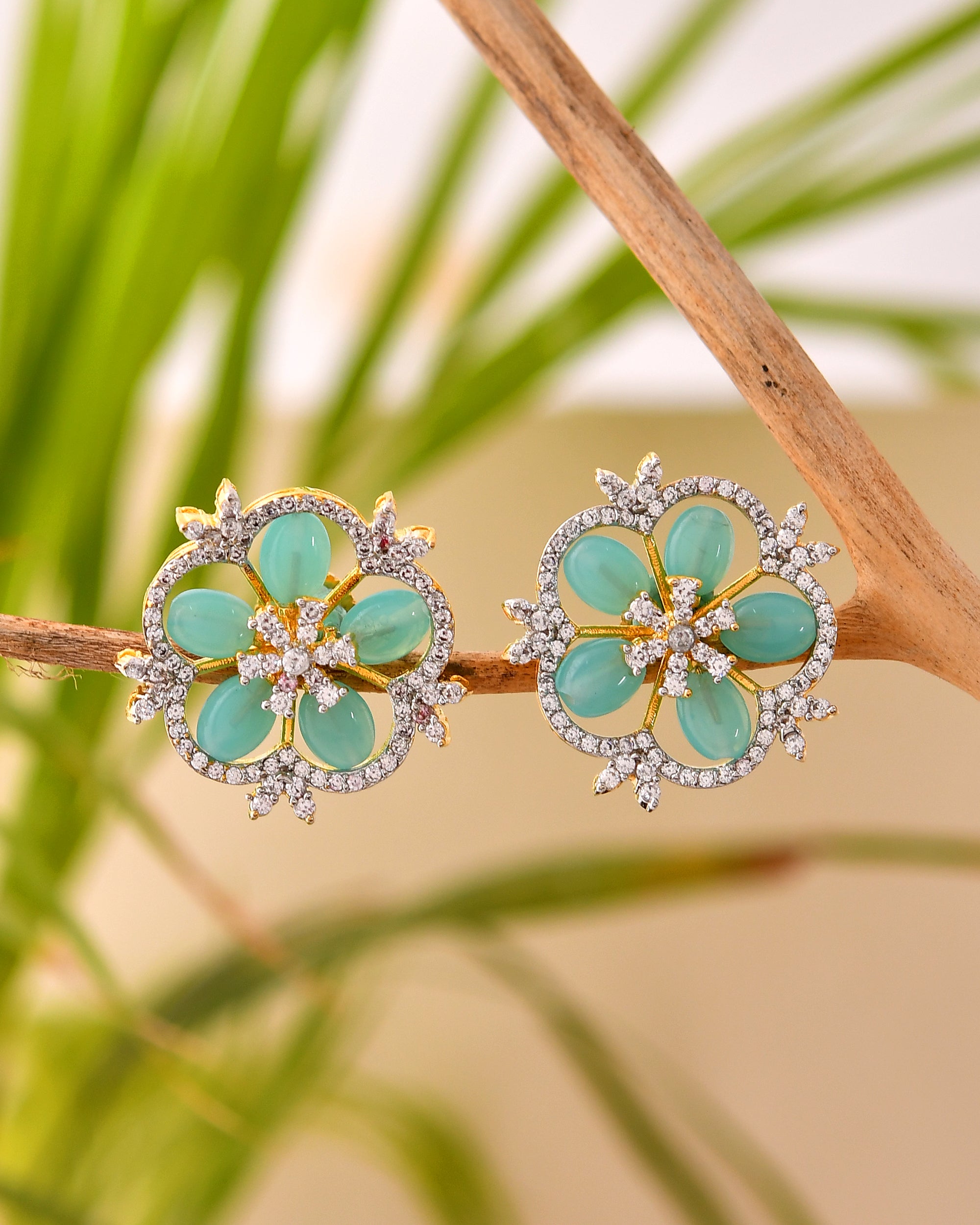 Mint Floral Stud Earrings with Crystal Halo