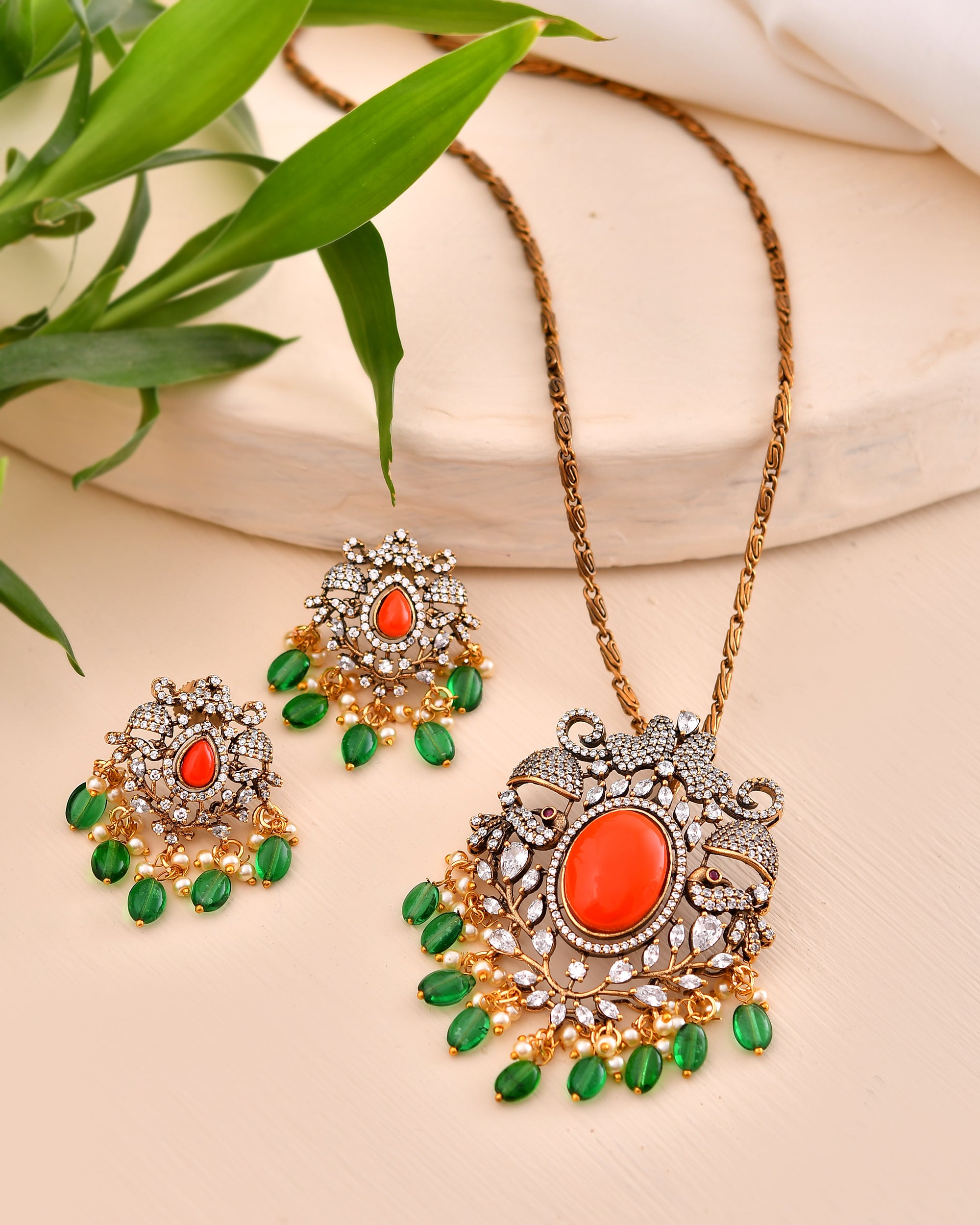 Ornate Coral Pendant Set with Green Drops