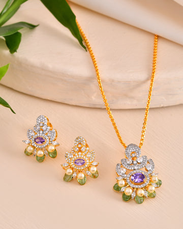 Purple and Pearl Pendant Set with Green Drops