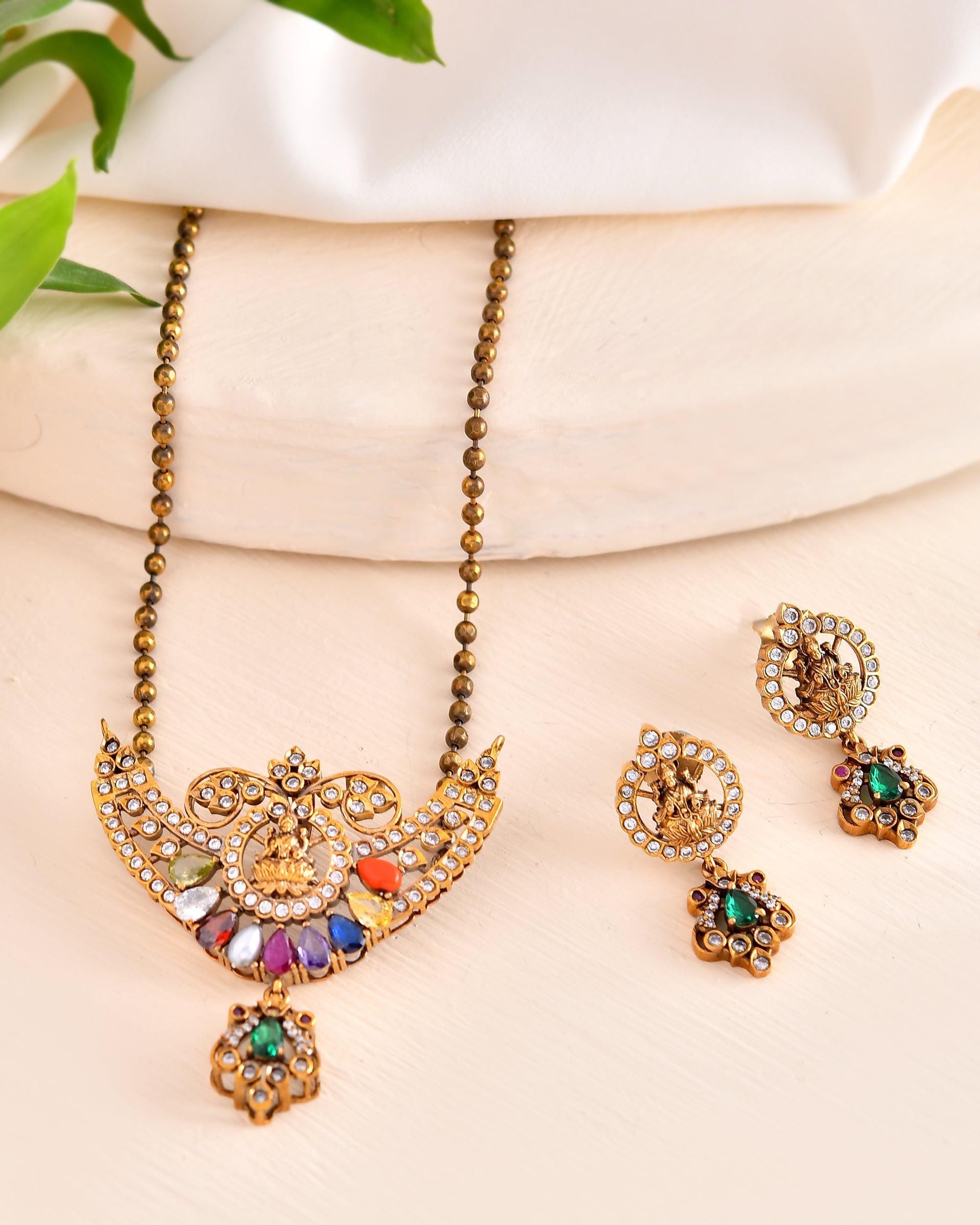 Temple Design Necklace Set with Navratna Stones