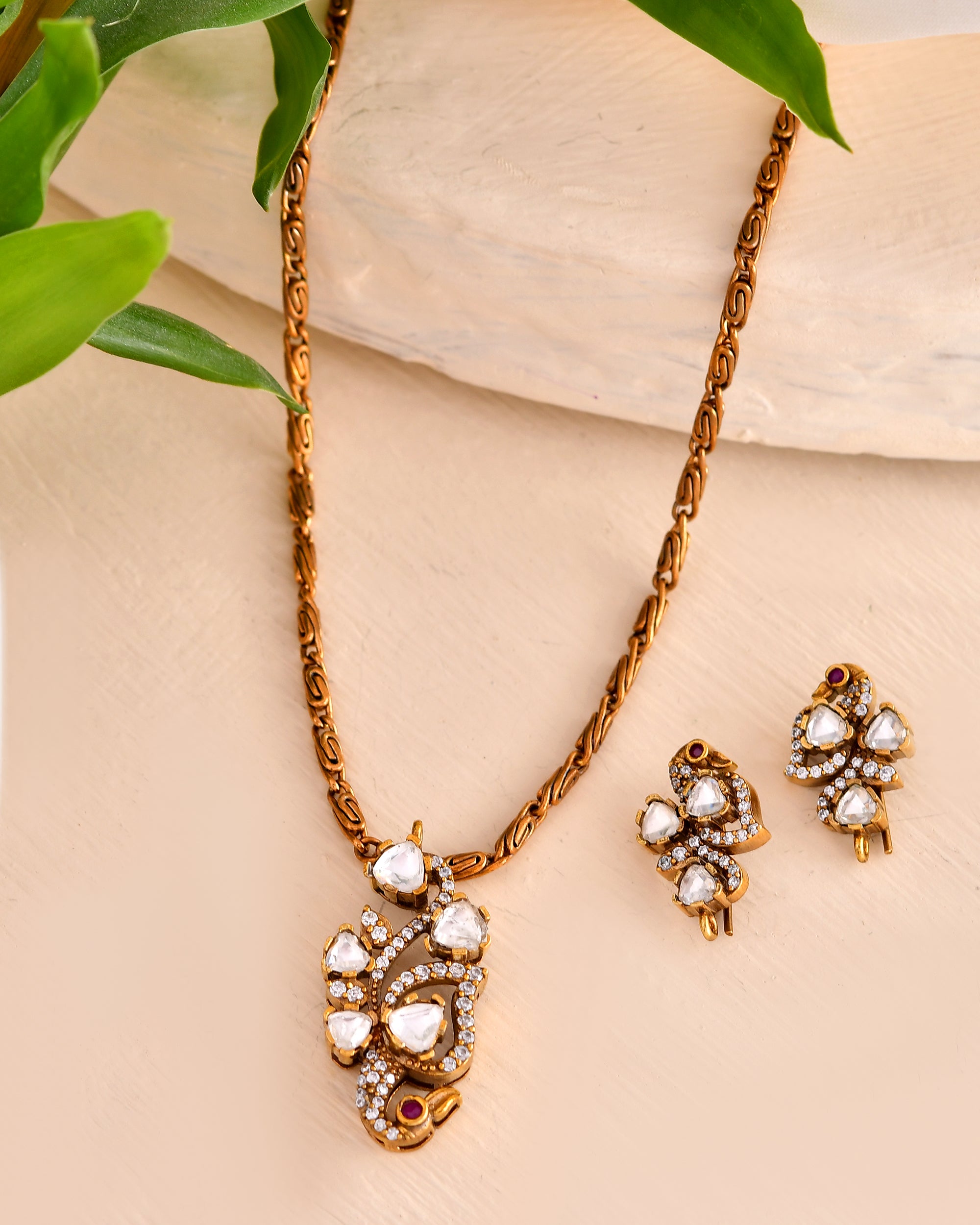 Antique Peacock Necklace Set with White Stones