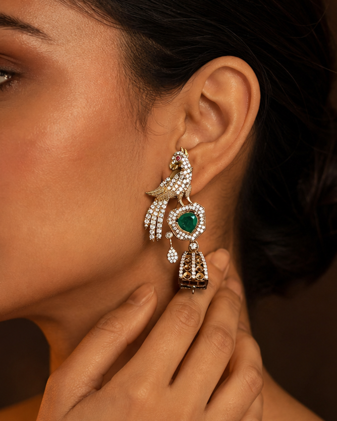 Emerald Drop Bird Earrings with Antique Gold Finish