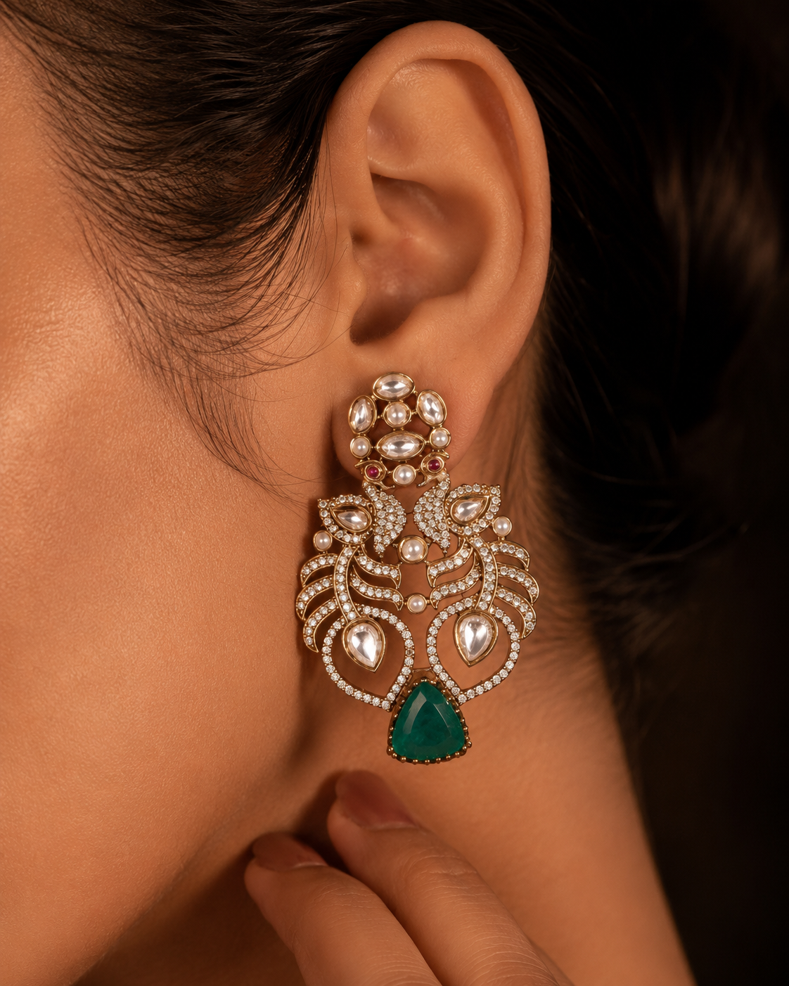 Emerald Drop Studs with Kundan Leaf Motifs