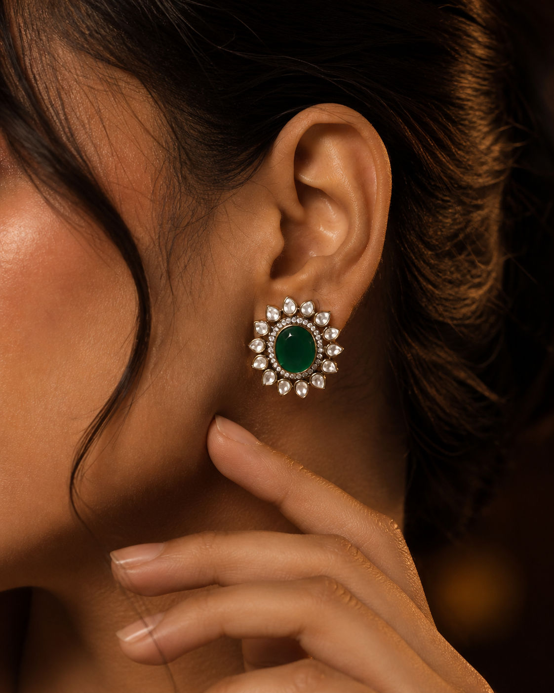 Emerald Green Studs with Kundan Petal Halo