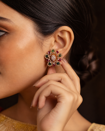 Emerald and Ruby Floral Studs with Gold Finish