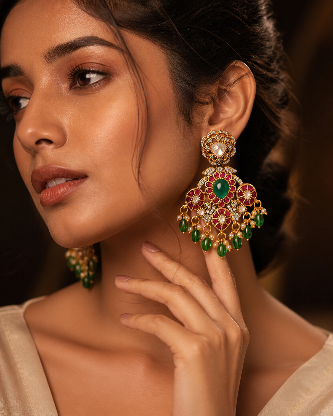 Festive Floral Chandbalis with Green Drop Beads
