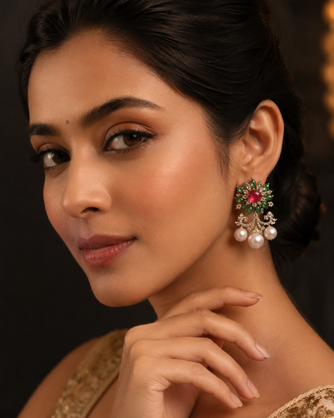 Floral Studs with Ruby Center, Emerald Petals & Pearl Drops
