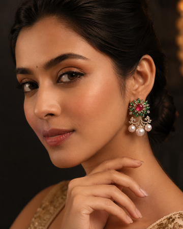 Floral Studs with Ruby Center, Emerald Petals & Pearl Drops
