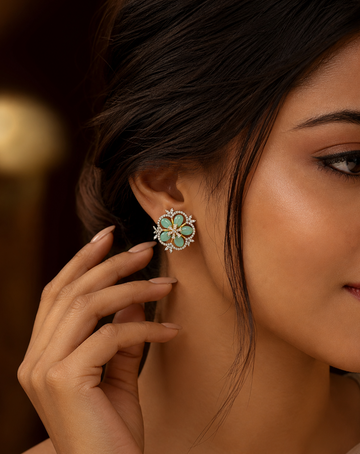 Mint Floral Stud Earrings with Crystal Halo