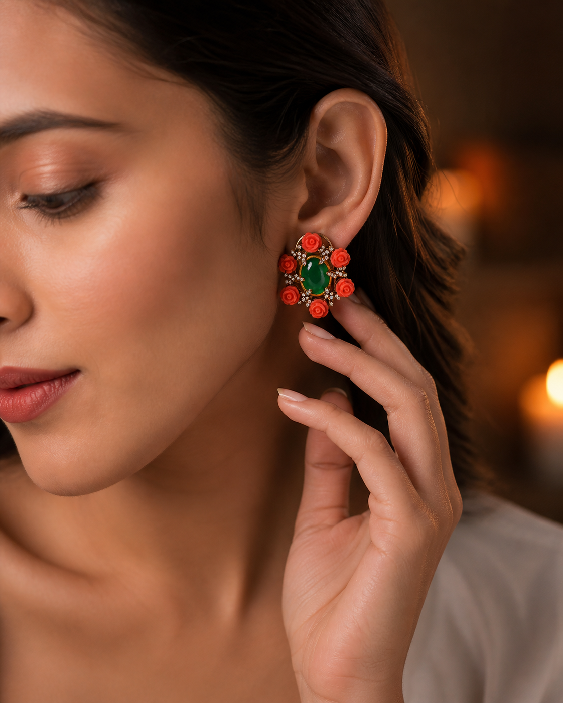 Green Stone Rose Studs with Crystal Accents