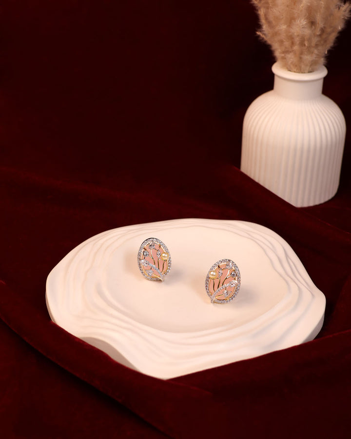 Blush Pink Floral Studs with Pearl Accents