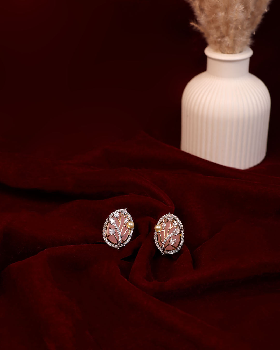 Blush Pink Floral Studs with Pearl Accents