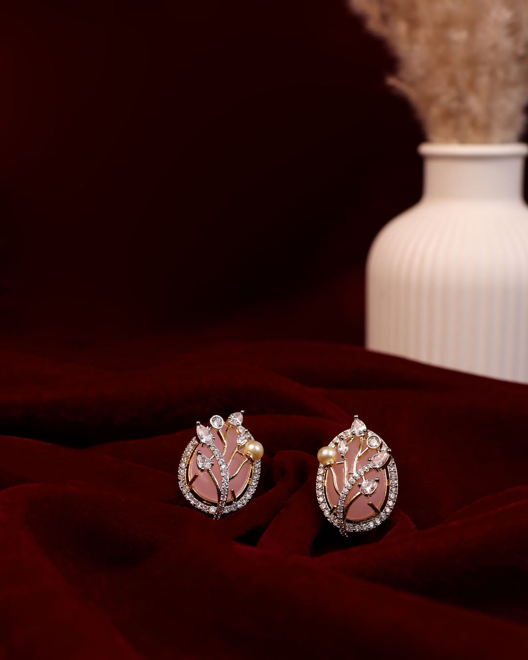 Blush Pink Floral Studs with Pearl Accents