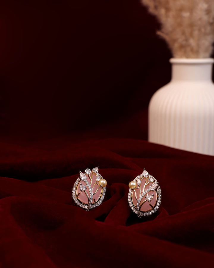 Blush Pink Floral Studs with Pearl Accents