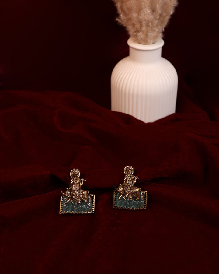 Krishna on Cow Studs with Carved Emerald Base