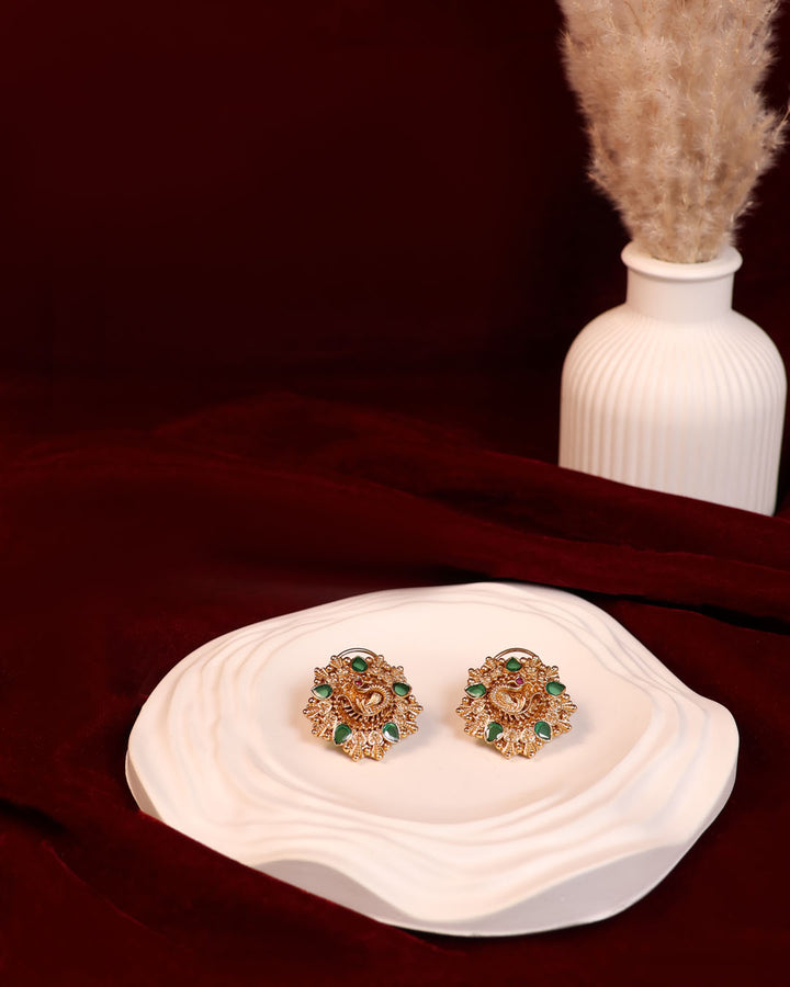 Peacock Motif Studs with Emerald Tear Drops & Antique Gold Detailing