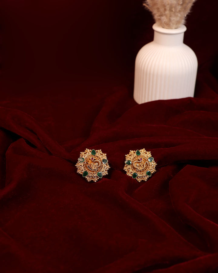 Peacock Motif Studs with Emerald Tear Drops & Antique Gold Detailing