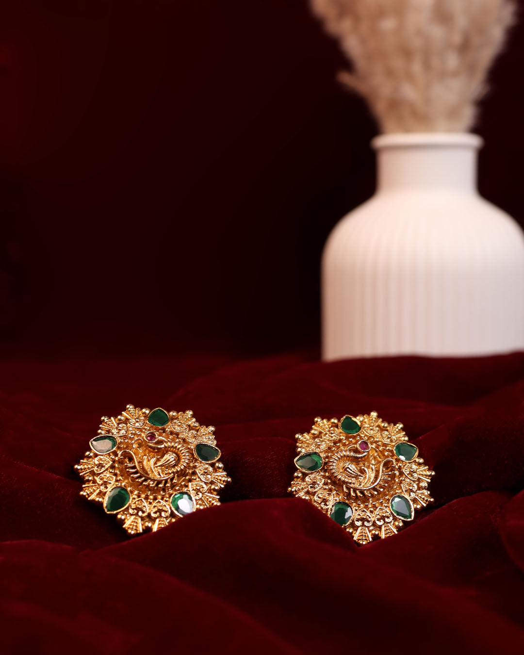 Peacock Motif Studs with Emerald Tear Drops & Antique Gold Detailing