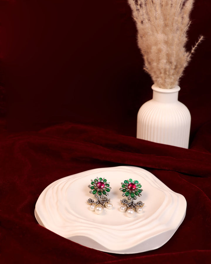 Floral Studs with Ruby Center, Emerald Petals & Pearl Drops