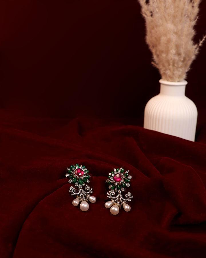 Floral Studs with Ruby Center, Emerald Petals & Pearl Drops