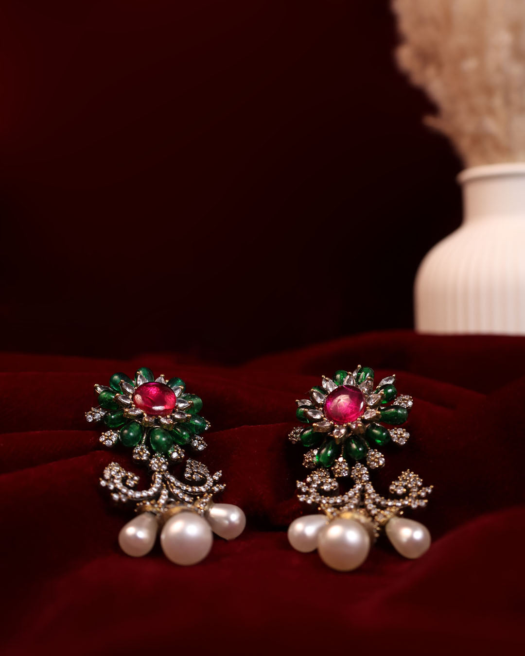 Floral Studs with Ruby Center, Emerald Petals & Pearl Drops