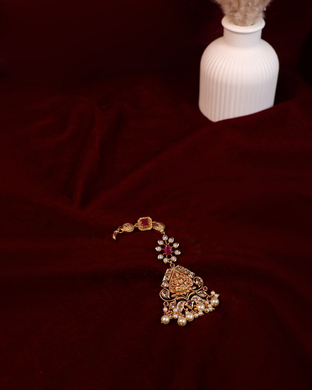 Temple Motif Maang Tikka with Ruby Accents