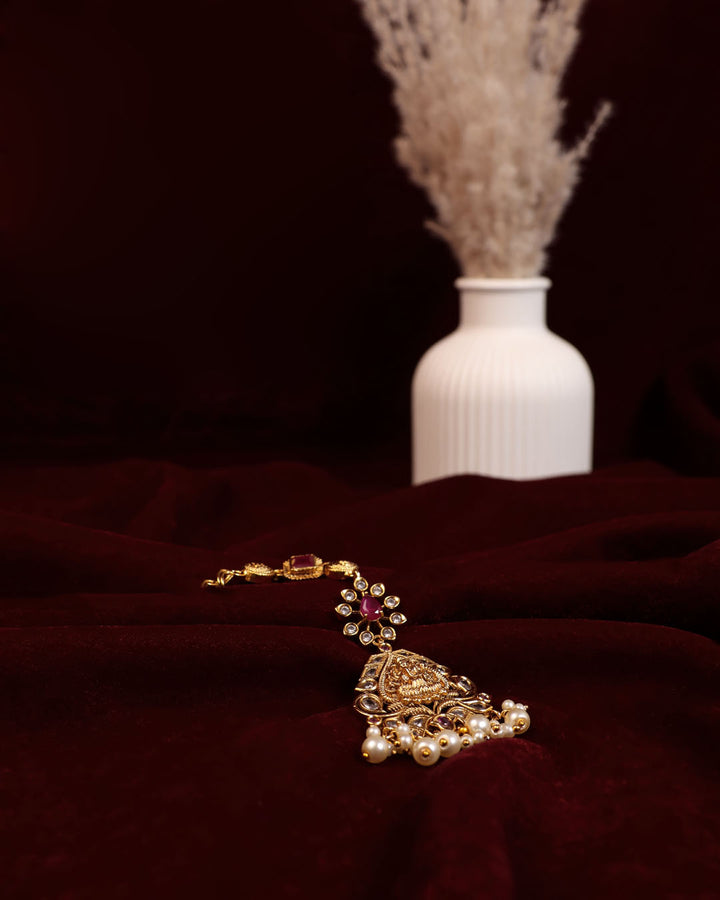 Temple Motif Maang Tikka with Ruby Accents