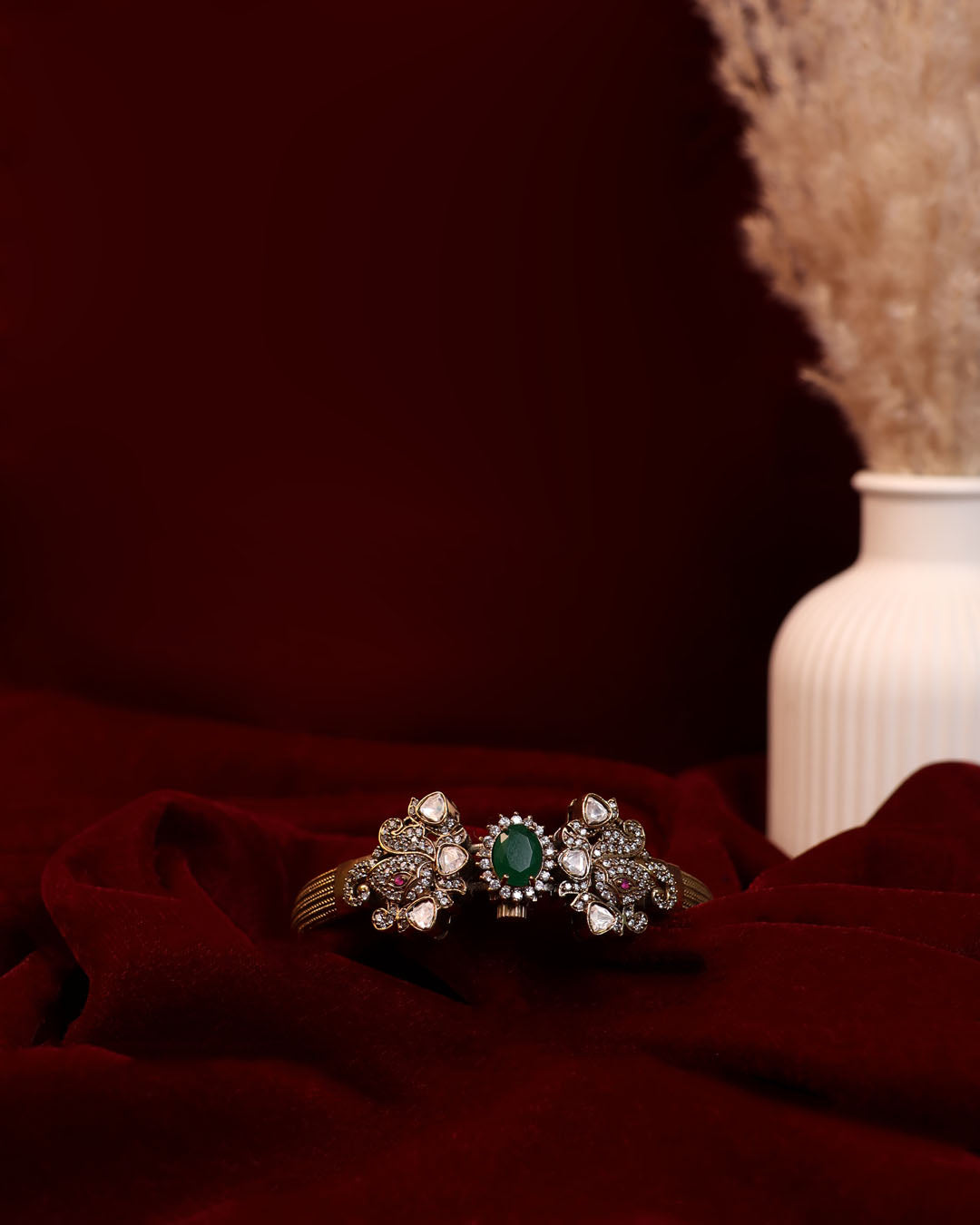 Antique Floral Kada with Emerald Centerpiece