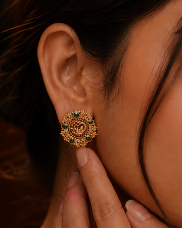 Peacock Motif Studs with Emerald Tear Drops & Antique Gold Detailing