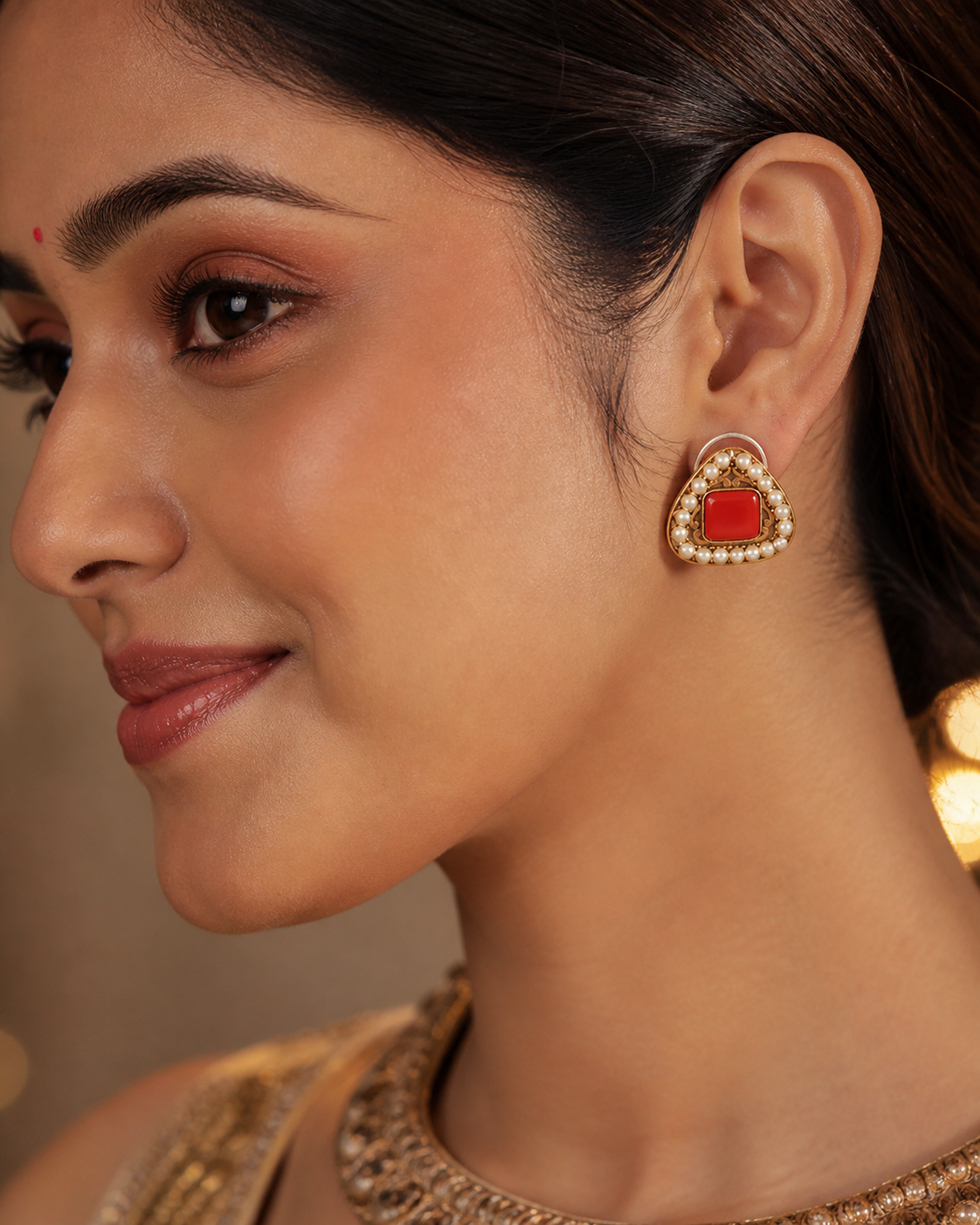 Red Stone Triangle Earrings with Pearl Frame