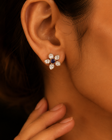 Violet Stone Floral Stud Earrings in Gold